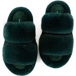 Women's Dark Green Fluffy Fleece Fur Open Two Band Lining Rubber Sole Slippers